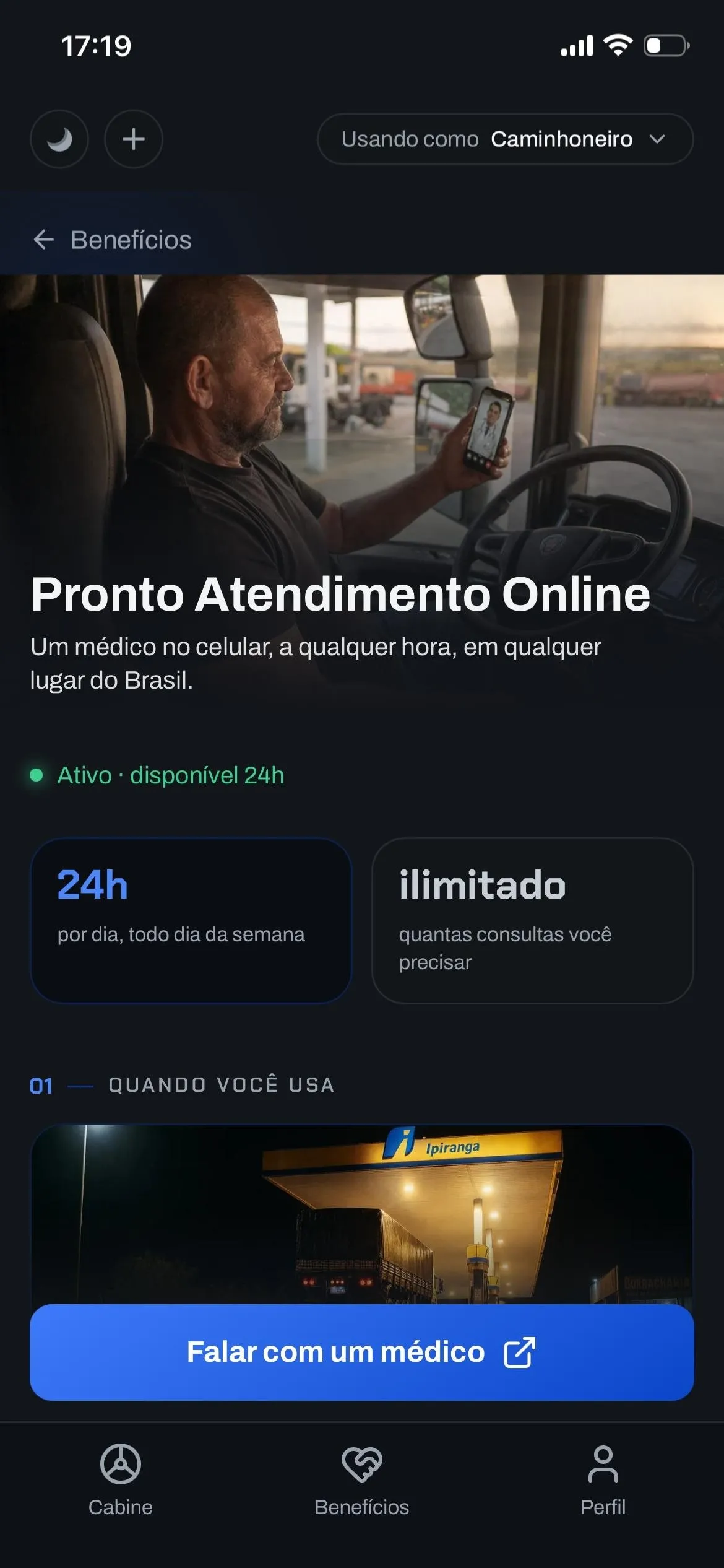 Tela do aplicativo TMDriver com o benefício Pronto Atendimento Online 24h e o botão Falar com um médico