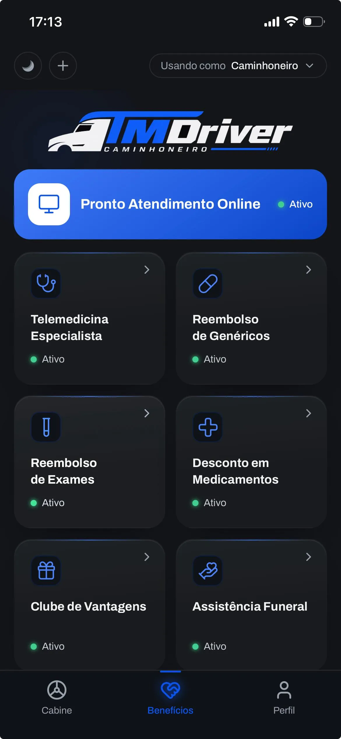 Tela do aplicativo TMDriver com todos os benefícios ativos numa lista só